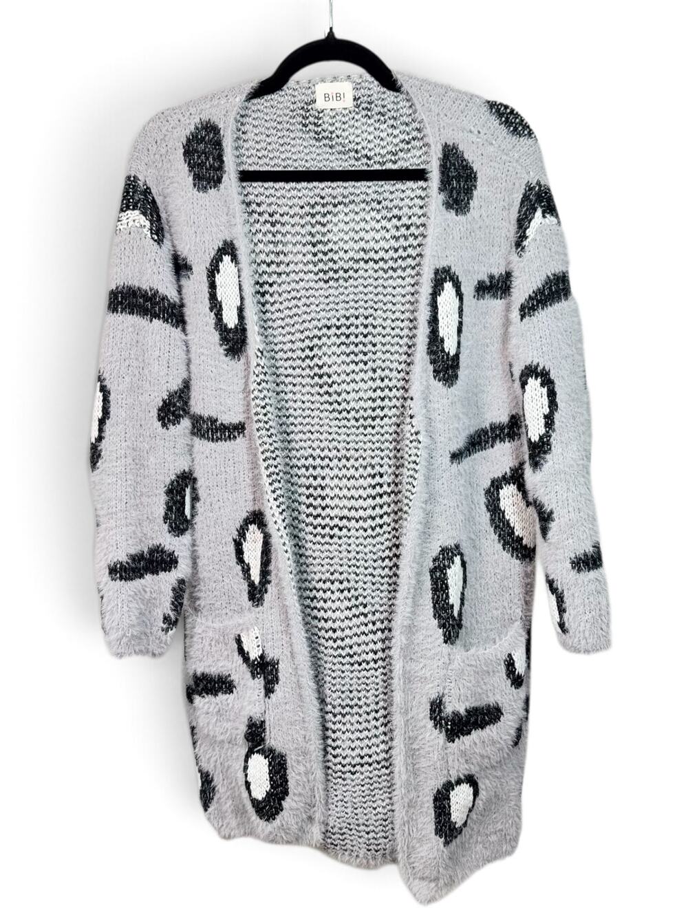 BiBi Cozy Fuzzy Gray Leopard Print Open Front Cardigan Sweater - Medium